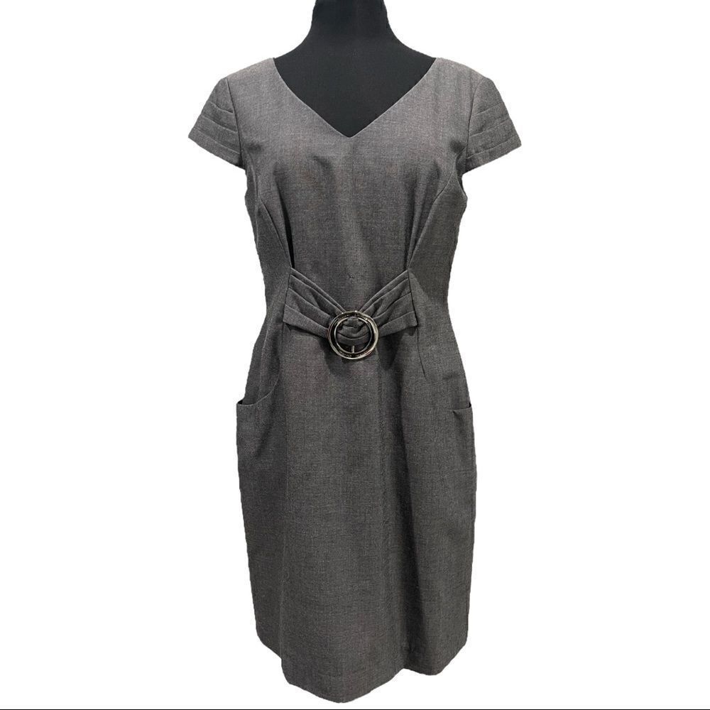 Tahari Charcoal Gray Buckle Sheath Dress Sz 10